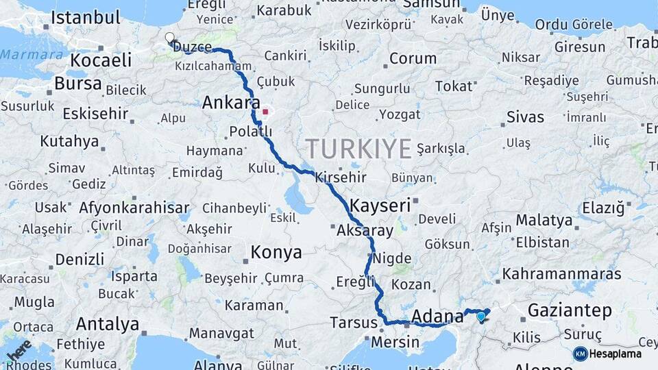 Gaziantep İslahiye Düzce Arası Kaç Km - Yol Haritası