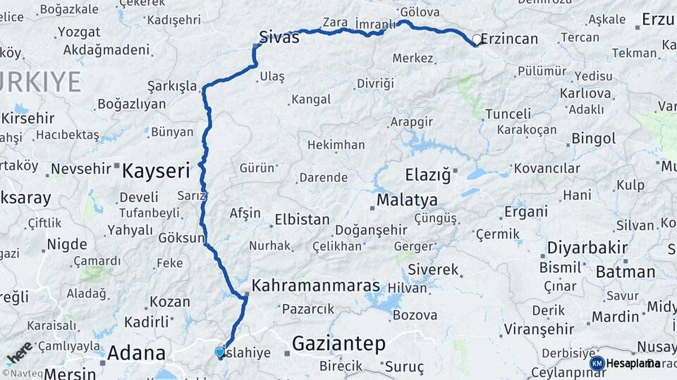 Gaziantep İslahiye Erzincan Arası Kaç Km - Yol Haritası
