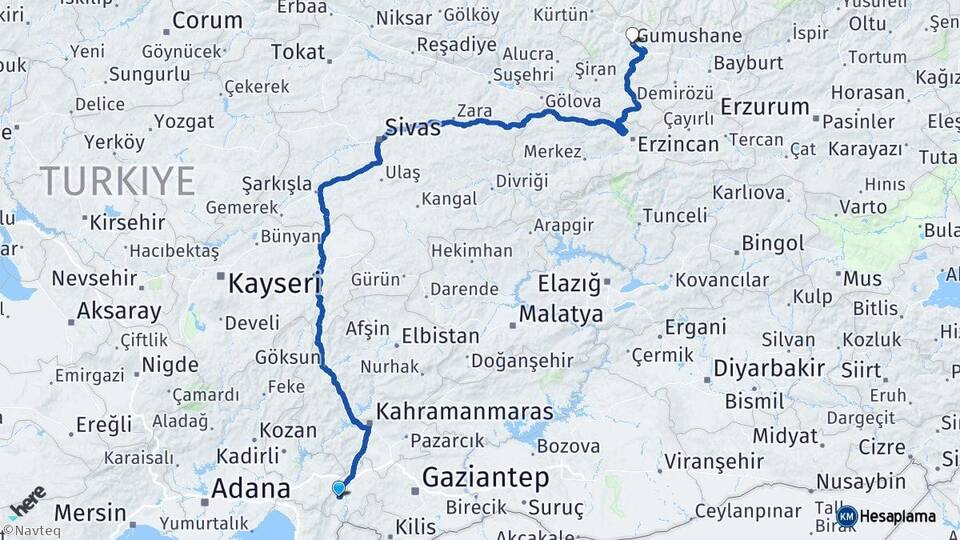 Gaziantep İslahiye Gümüşhane Arası Kaç Km - Yol Haritası