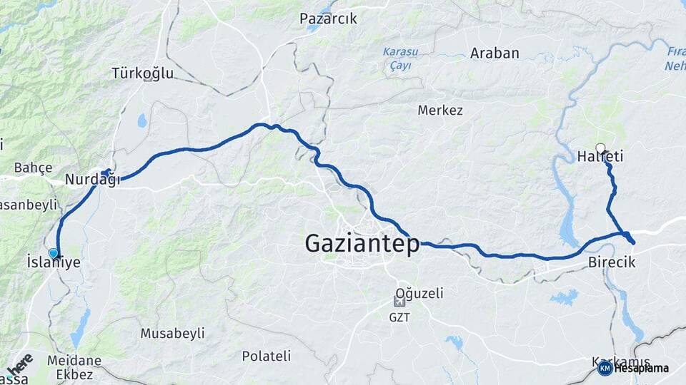 Gaziantep İslahiye Halfeti Şanlıurfa Arası Kaç Km - Yol Haritası