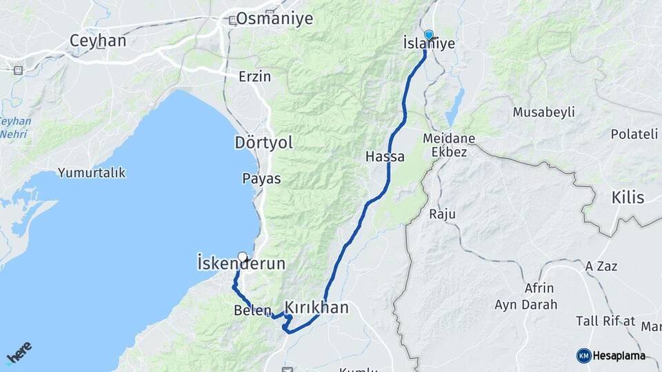 Gaziantep İslahiye İskenderun Hatay Arası Kaç Km - Yol Haritası