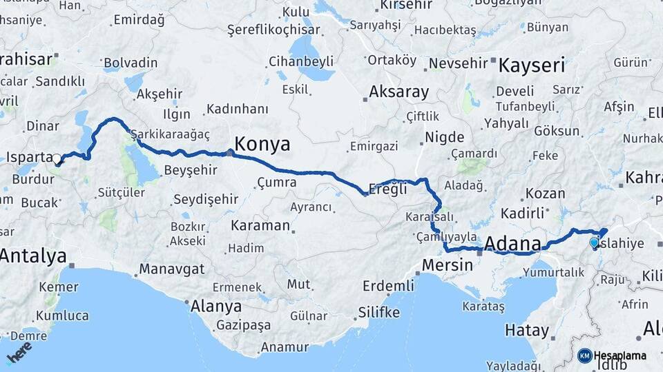 Gaziantep İslahiye Isparta Arası Kaç Km - Yol Haritası