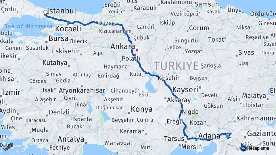 Gaziantep İslahiye İstanbul Arası Kaç Km - Yol Haritası