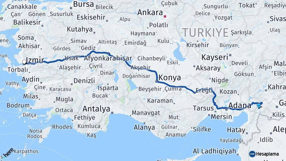 Gaziantep İslahiye İzmir Arası Kaç Km - Yol Haritası
