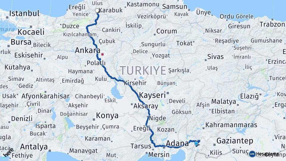 Gaziantep İslahiye Karabük Arası Kaç Km - Yol Haritası