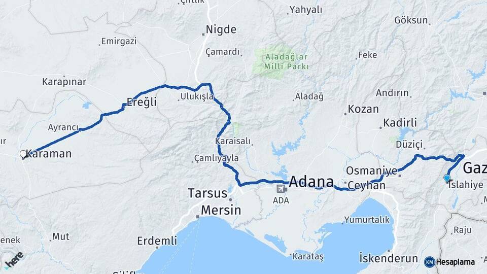 Gaziantep İslahiye Karaman Arası Kaç Km - Yol Haritası