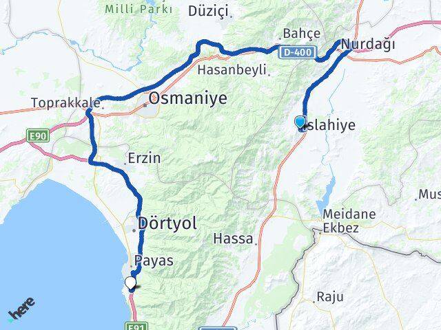 Gaziantep İslahiye Karayılan İskenderun Hatay Arası Kaç Km - Yol Haritası