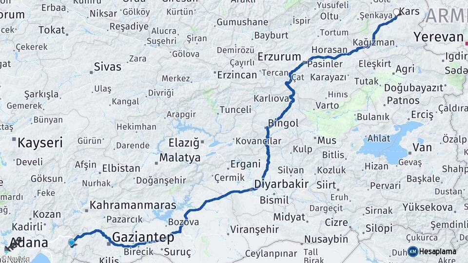Gaziantep İslahiye Kars Arası Kaç Km - Yol Haritası