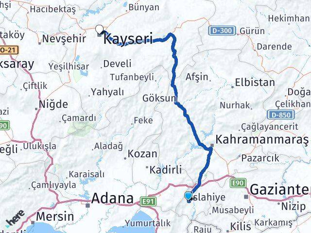 Gaziantep İslahiye Kayseri Arası Kaç Km - Yol Haritası