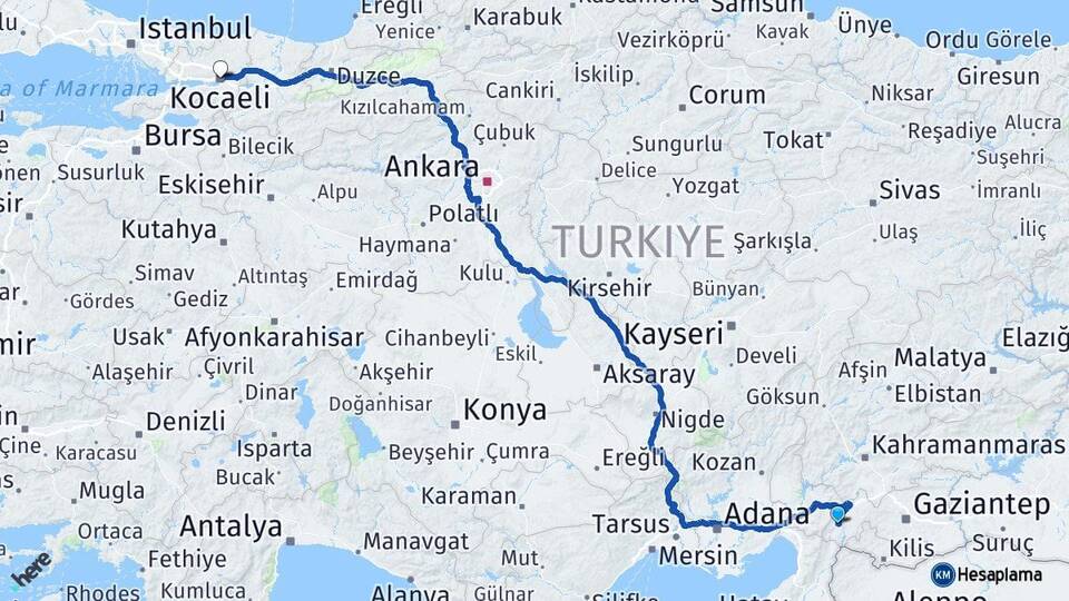 Gaziantep İslahiye Kocaeli Arası Kaç Km - Yol Haritası