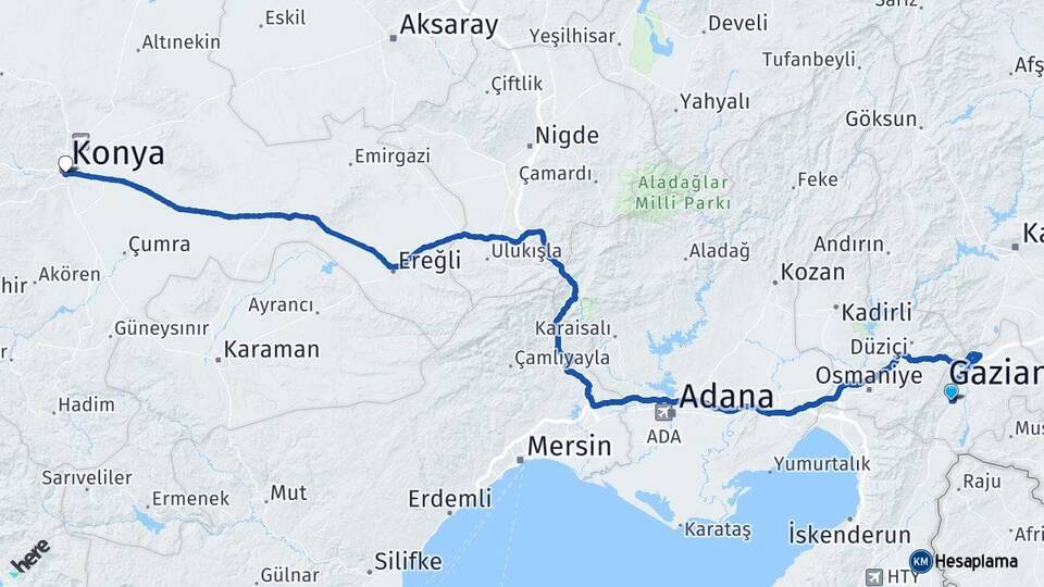 Gaziantep İslahiye Konya Arası Kaç Km - Yol Haritası