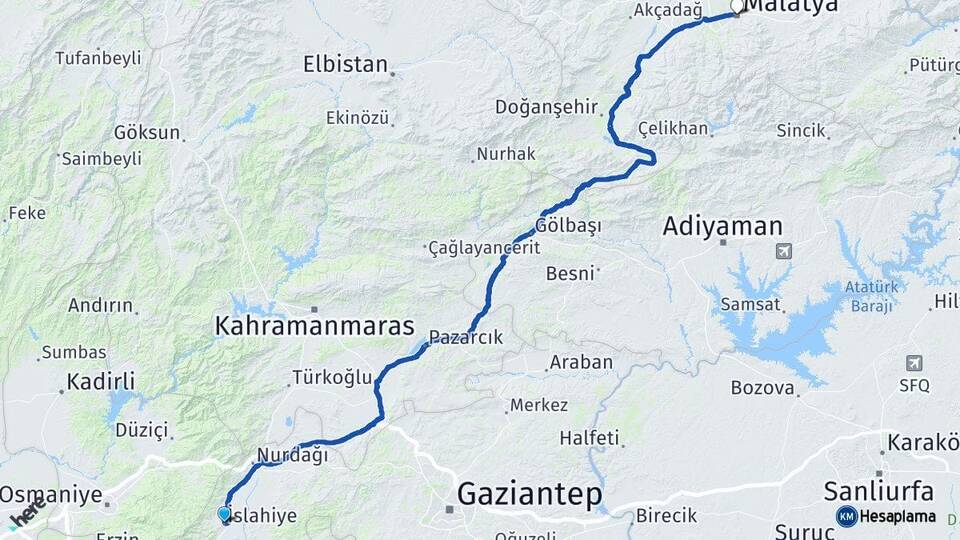 Gaziantep İslahiye Malatya Arası Kaç Km - Yol Haritası