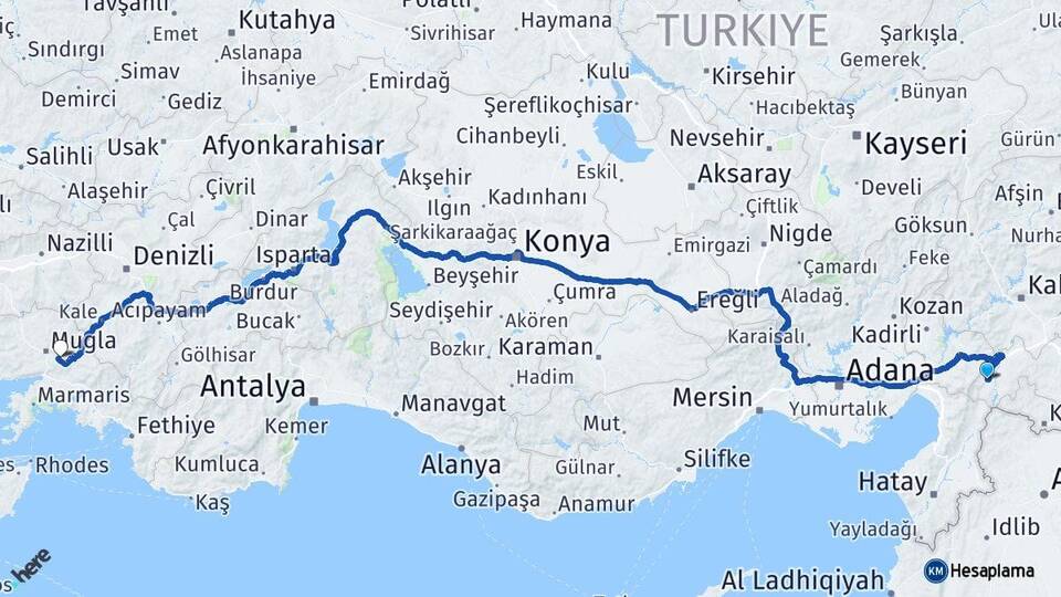 Gaziantep İslahiye Muğla Arası Kaç Km - Yol Haritası