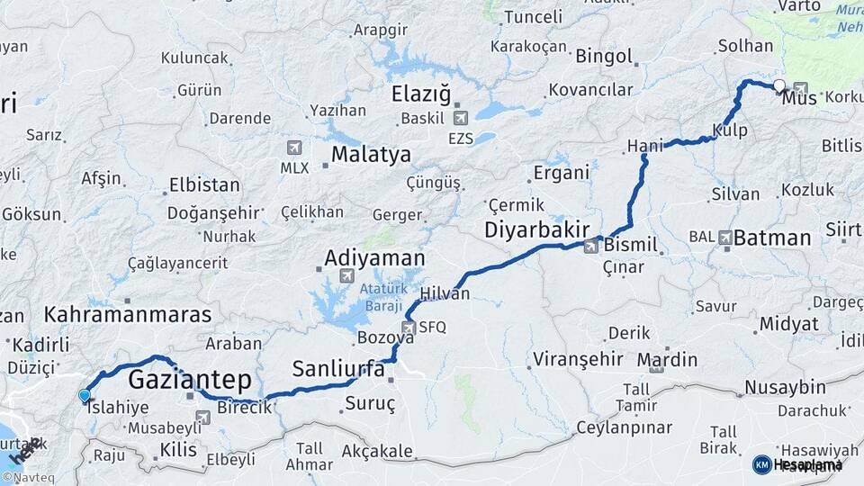 Gaziantep İslahiye Muş Arası Kaç Km - Yol Haritası
