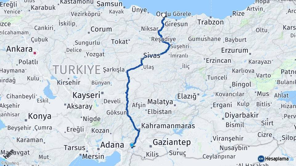 Gaziantep İslahiye Ordu Arası Kaç Km - Yol Haritası