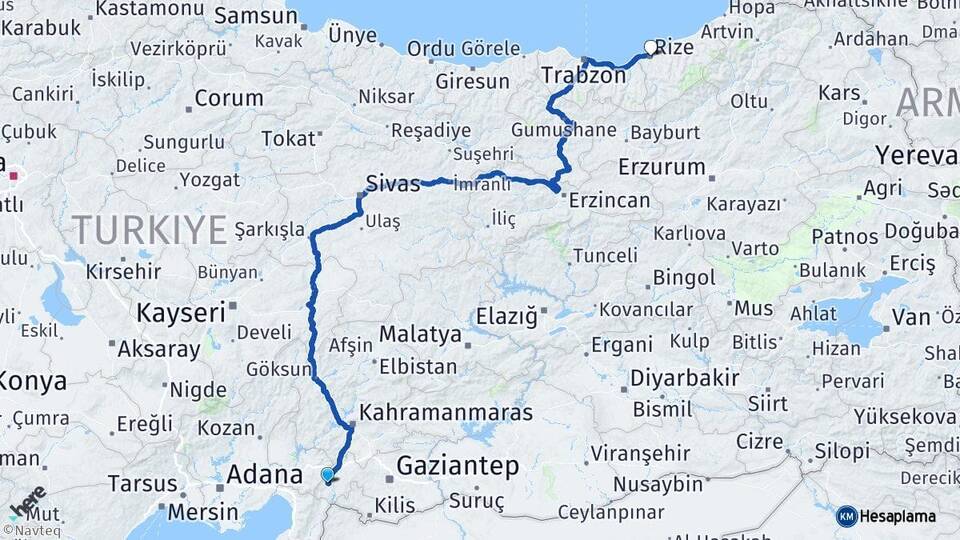 Gaziantep İslahiye Rize Arası Kaç Km - Yol Haritası