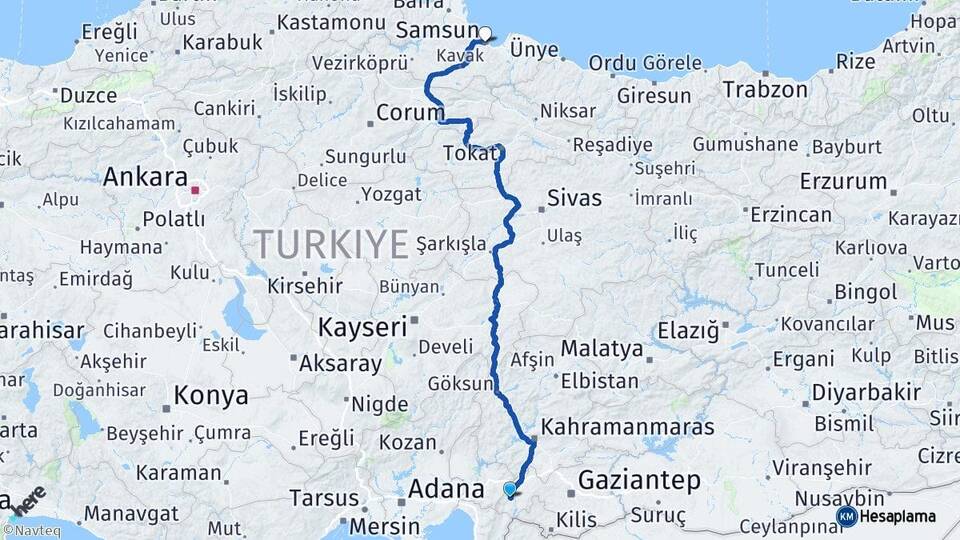 Gaziantep İslahiye Samsun Arası Kaç Km - Yol Haritası