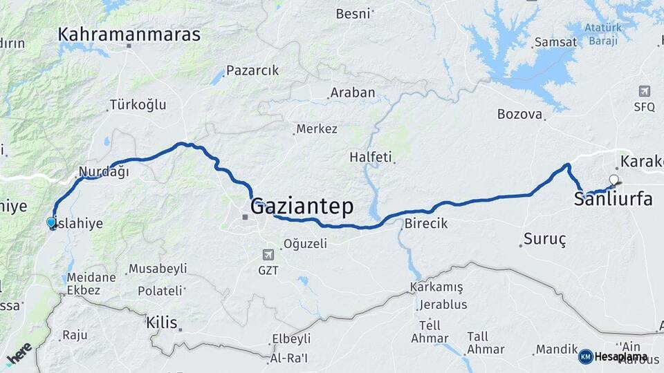 Gaziantep İslahiye Şanlıurfa Arası Kaç Km - Yol Haritası