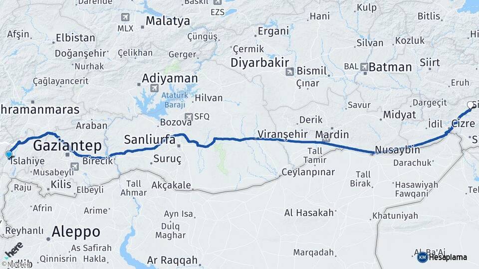 Gaziantep İslahiye Şırnak Arası Kaç Km - Yol Haritası