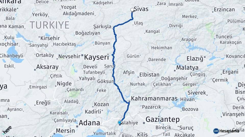 Gaziantep İslahiye Sivas Arası Kaç Km - Yol Haritası
