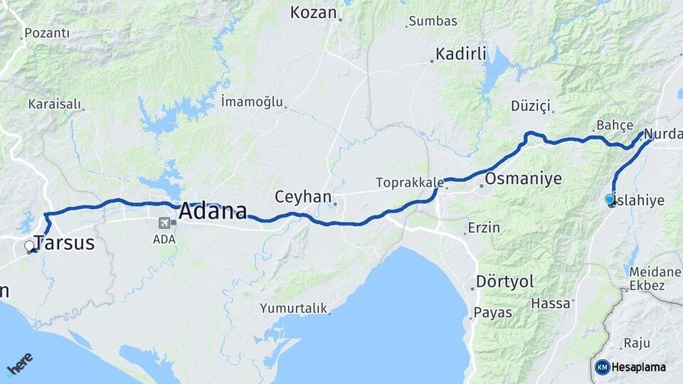 Gaziantep İslahiye Tarsus Mersin Arası Kaç Km - Yol Haritası
