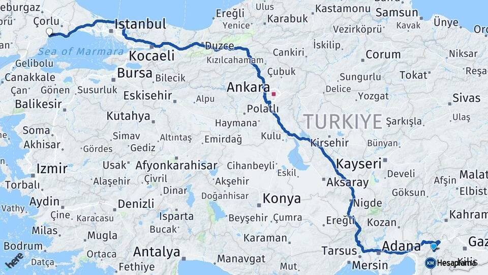 Gaziantep İslahiye Tekirdağ Arası Kaç Km - Yol Haritası