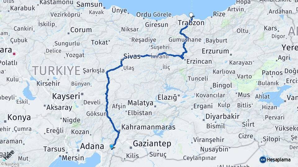 Gaziantep İslahiye Trabzon Arası Kaç Km - Yol Haritası