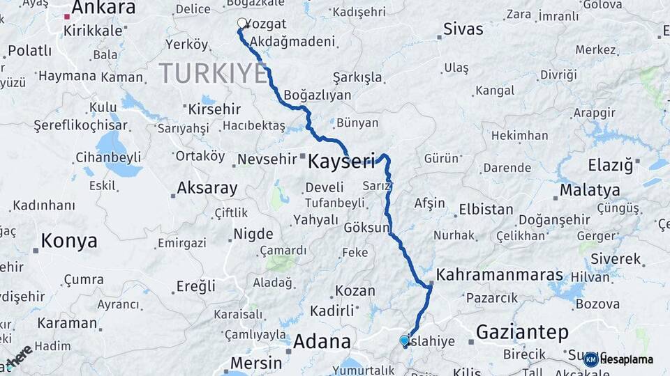 Gaziantep İslahiye Yozgat Arası Kaç Km - Yol Haritası