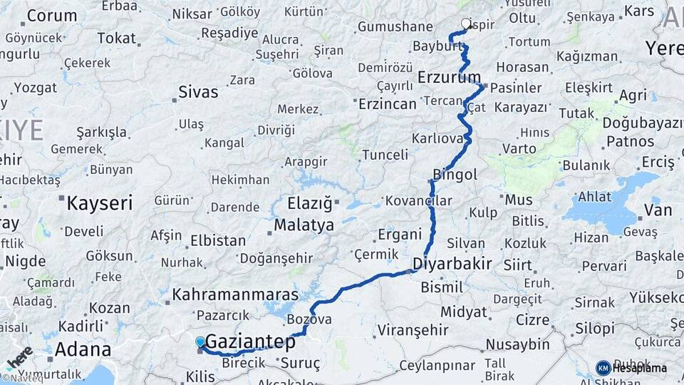Gaziantep İspir Erzurum Arası Kaç Km - Yol Haritası