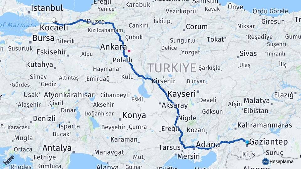 Gaziantep İzmit Kocaeli Arası Kaç Km - Yol Haritası