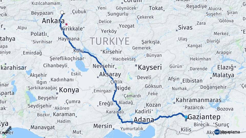 Gaziantep Kahramankazan Ankara Arası Kaç Km - Yol Haritası