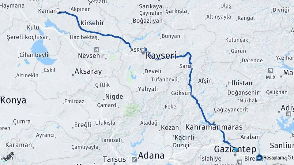 Gaziantep Kaman Kırşehir Arası Kaç Km - Yol Haritası