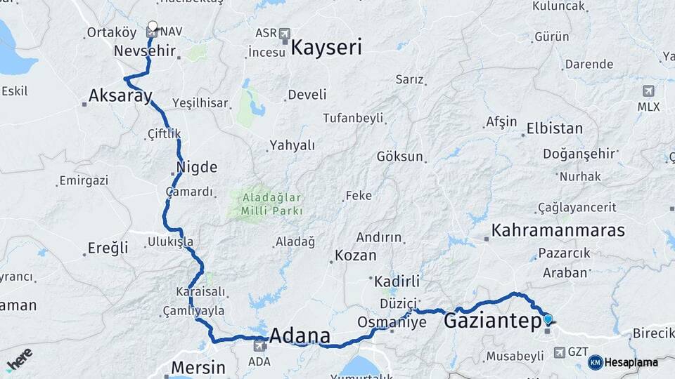 Gaziantep Kapadokya Havalimanı Arası Kaç Km - Yol Haritası