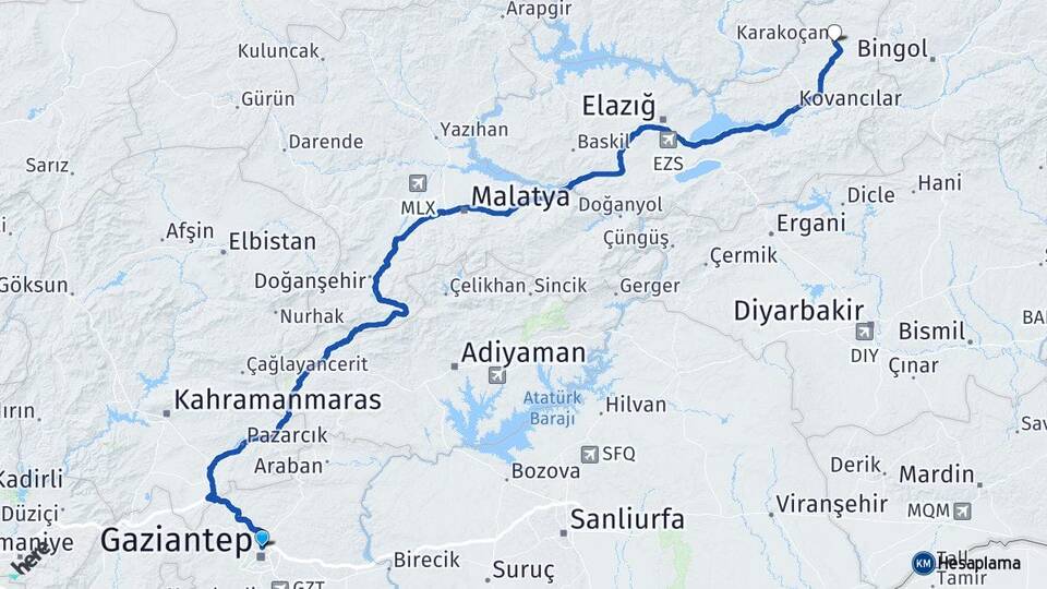 Gaziantep Karakoçan Elazığ Arası Kaç Km - Yol Haritası