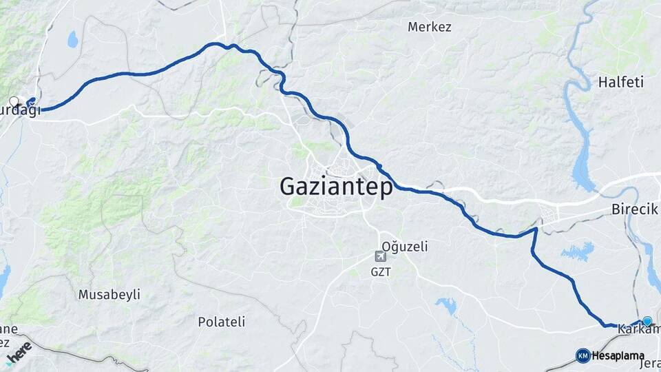 Gaziantep Karkamış Nurdağı Arası Kaç Km - Yol Haritası