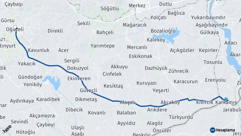 Gaziantep Karkamış Oğuzeli Arası Kaç Km - Yol Haritası