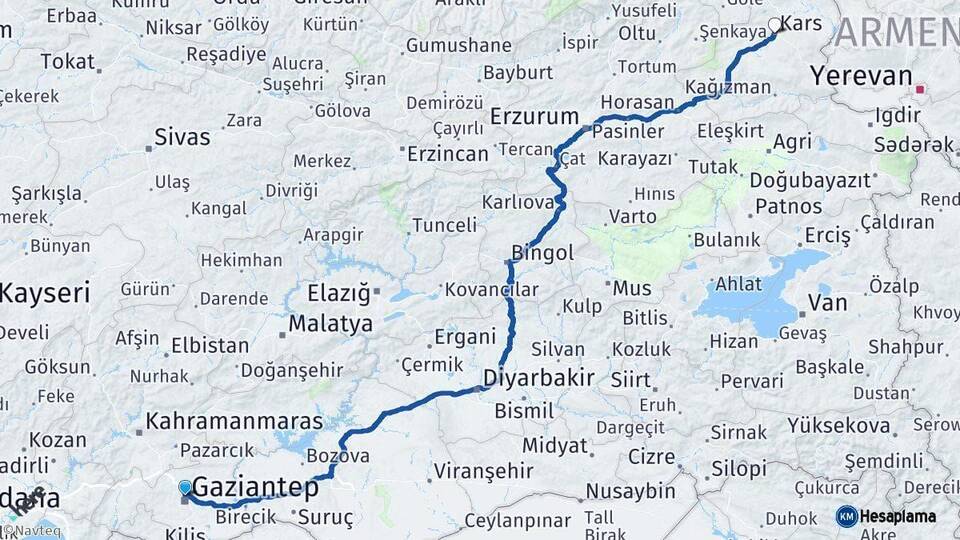 Gaziantep Kars Arası Kaç Km - Yol Haritası