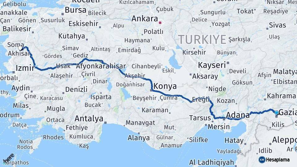 Gaziantep Kınık İzmir Arası Kaç Km - Yol Haritası