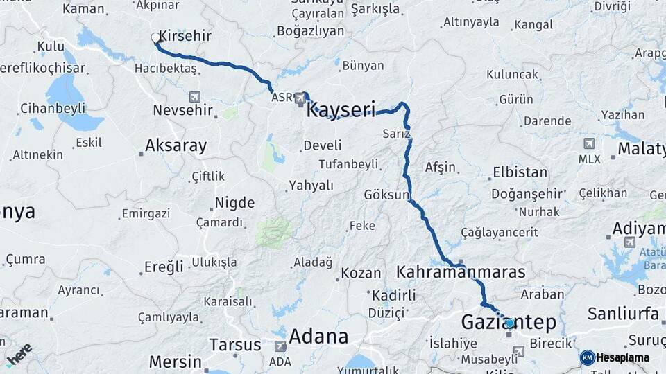 Gaziantep Kırşehir Arası Kaç Km - Yol Haritası