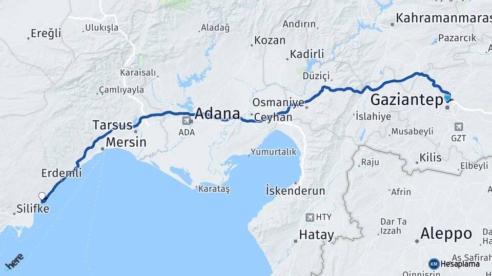 Gaziantep Kızkalesi Erdemli Mersin Arası Kaç Km - Yol Haritası