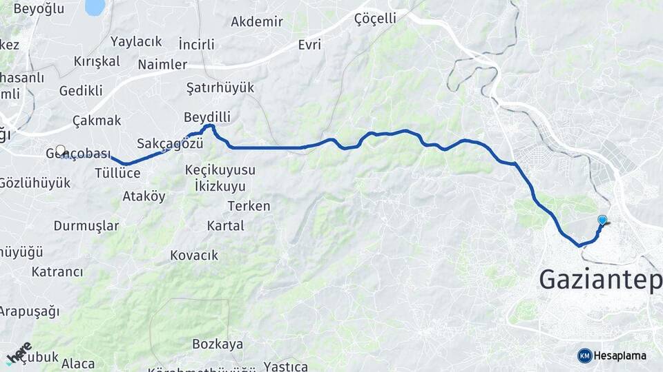 Gaziantep Kömürler Nurdağı Arası Kaç Km - Yol Haritası