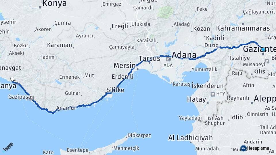 Gaziantep Konaklı Alanya Antalya Arası Kaç Km - Yol Haritası
