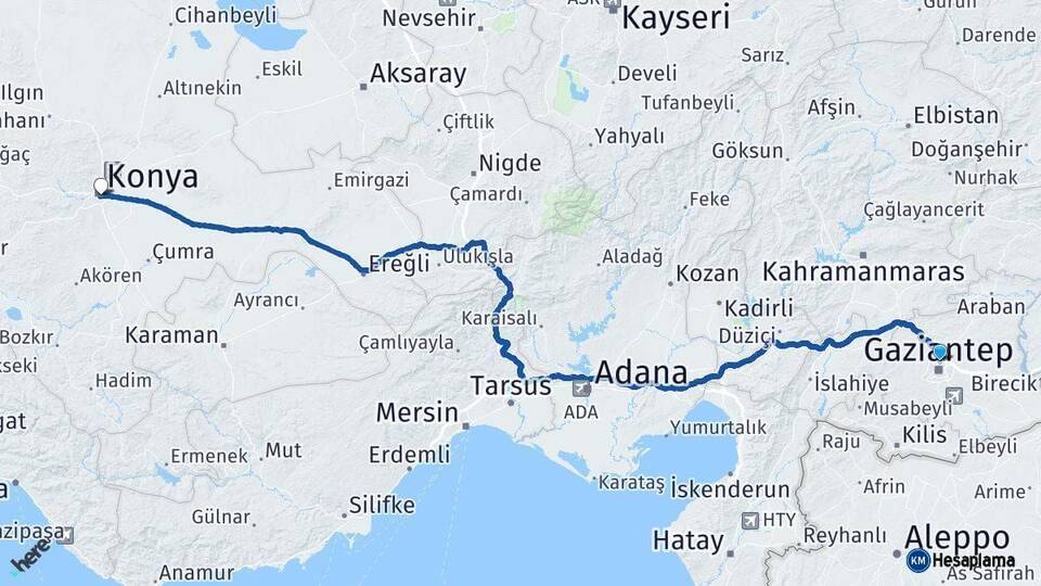 Gaziantep Konya Arası Kaç Km - Yol Haritası
