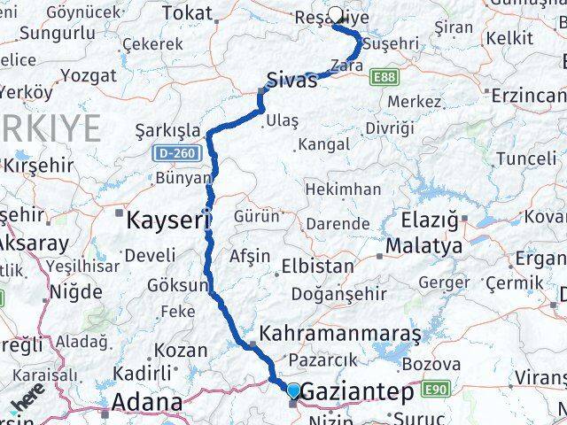Gaziantep Koyulhisar Sivas Arası Kaç Km - Yol Haritası