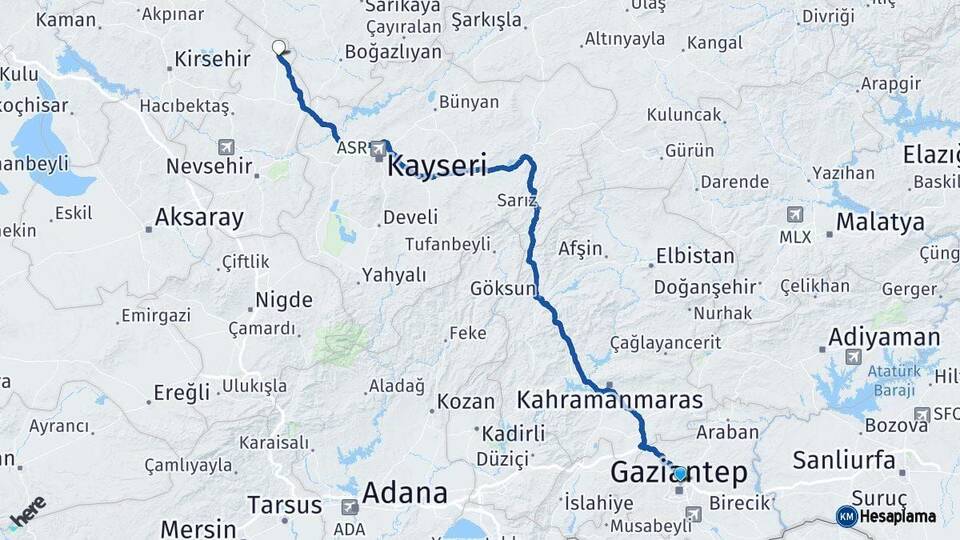 Gaziantep Kozaklı Nevşehir Arası Kaç Km - Yol Haritası