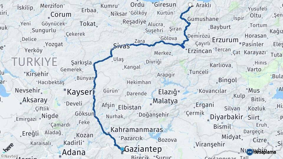Gaziantep Maçka Trabzon Arası Kaç Km - Yol Haritası