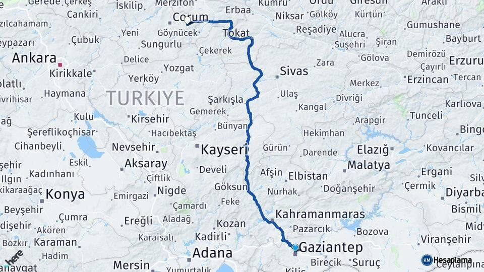 Gaziantep Mecitözü Çorum Arası Kaç Km - Yol Haritası