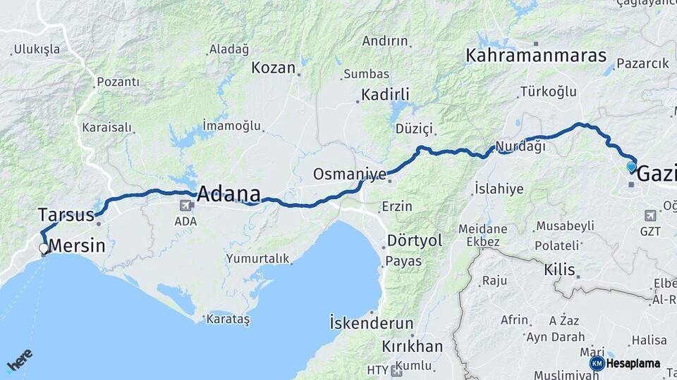 Gaziantep Mersin Arası Kaç Km - Yol Haritası