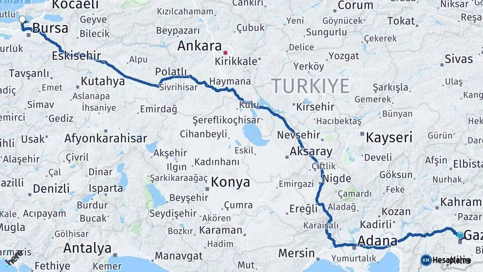 Gaziantep Mudanya Bursa Arası Kaç Km - Yol Haritası