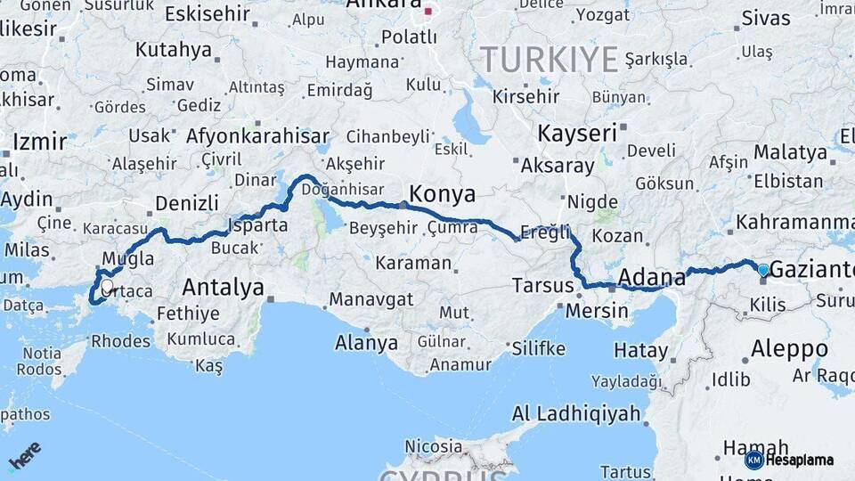 Gaziantep Muğla Arası Kaç Km - Yol Haritası
